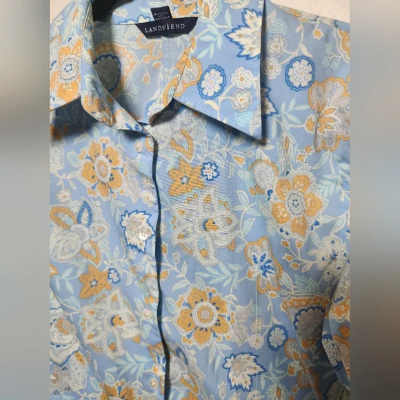 Land's End Women's 3/4 Sleeve Blue Floral Paisley Button‎ Down Shirt Size 12 - Picture 5 of 8